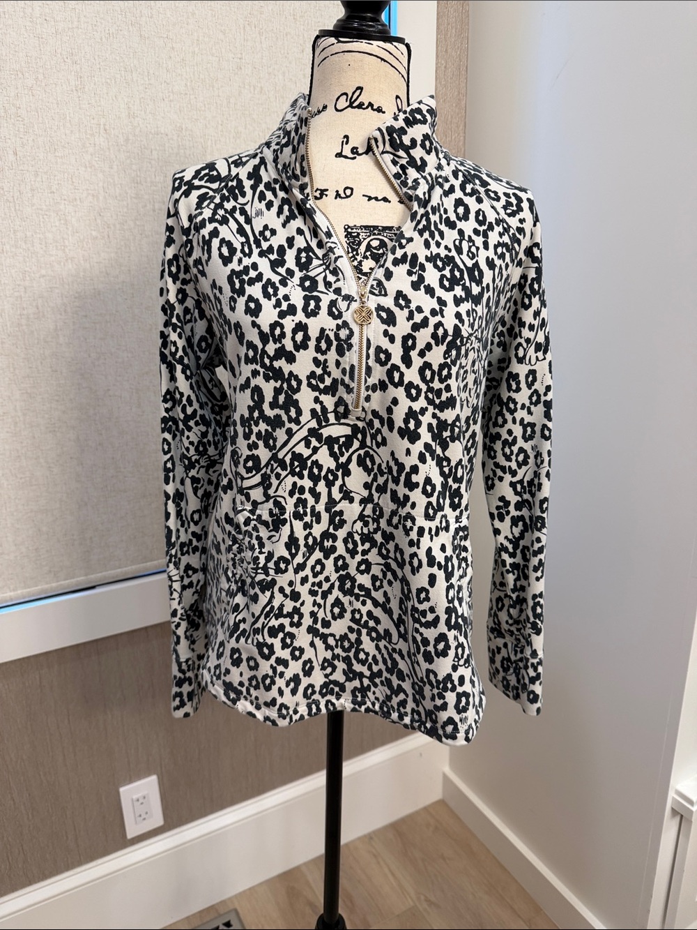 Lilly Pulitzer Black & White Leopard Half-Zip Pullover